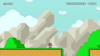 Mario jumps to avoid a big pit, but hits an invisible block and loses momentum, falling in the pit right after.
